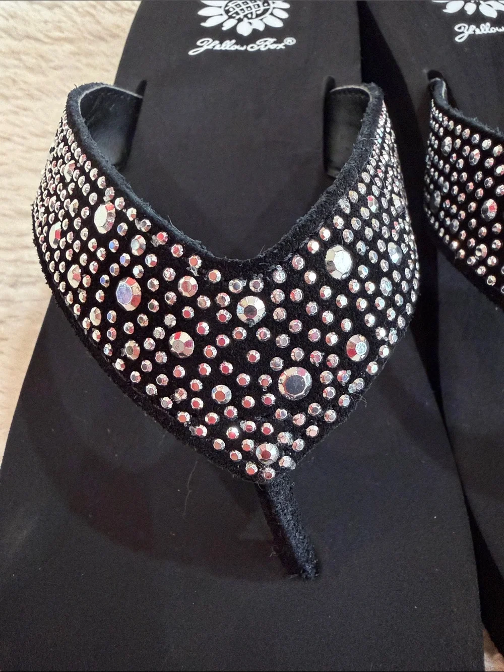 Yellow Box Black Rhinestone Wedge Sandals - Picture 5 of 7